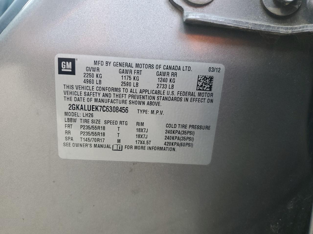 2012 GMC Terrain Slt VIN: 2GKALUEK7C6308456 Lot: 82424345