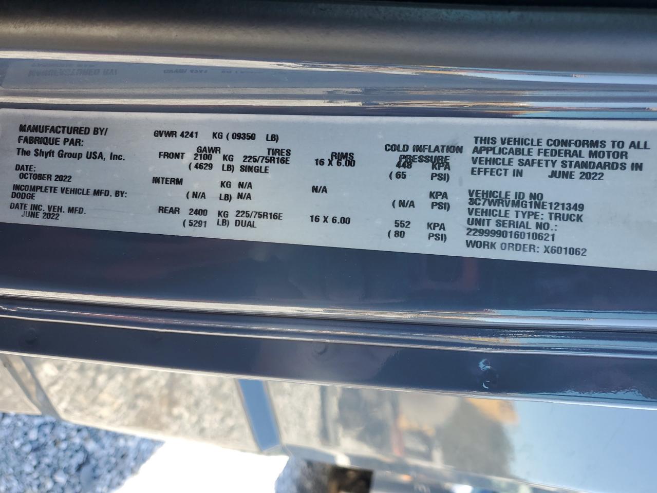 2022 Ram Promaster 3500 3500 Standard VIN: 3C7WRVMG1NE121349 Lot: 85566465