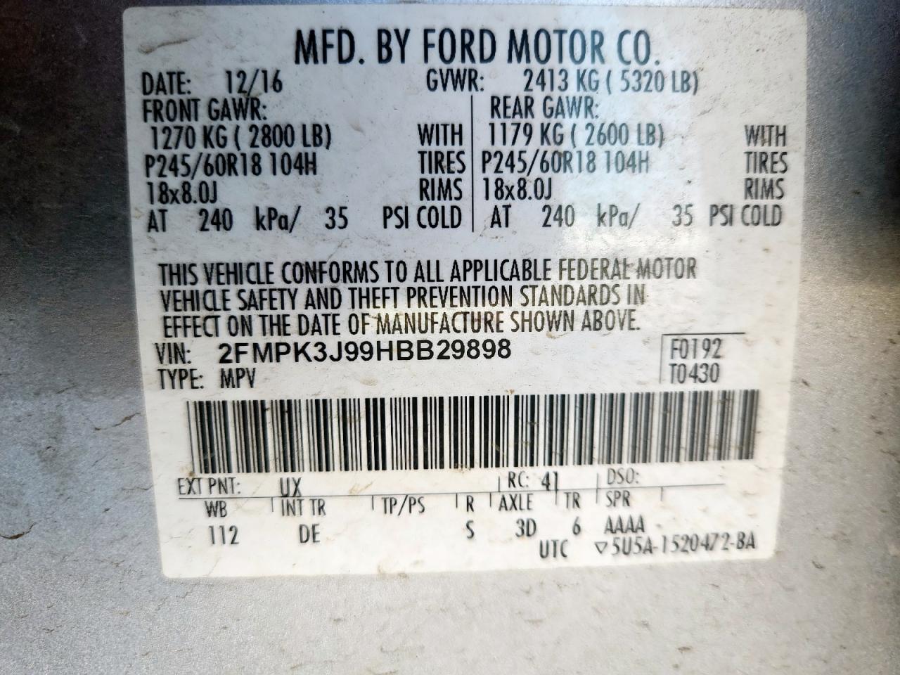 2017 Ford Edge Sel VIN: 2FMPK3J99HBB29898 Lot: 84794375