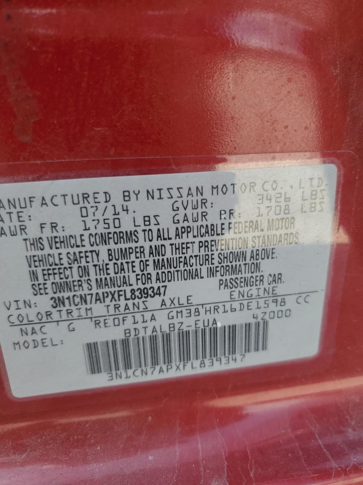2015 Nissan Versa S VIN: 3N1CN7APXFL839347 Lot: 85311565