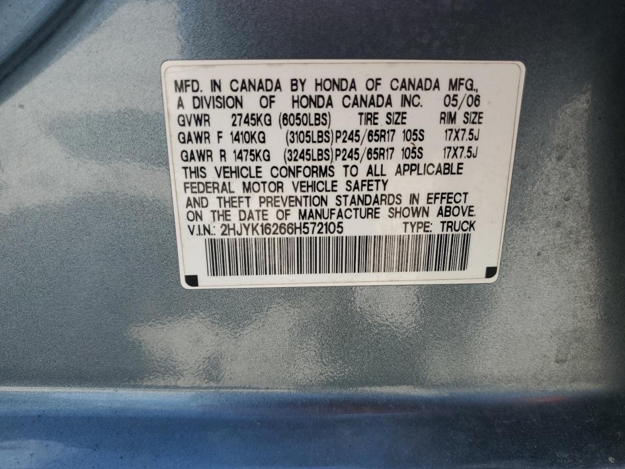 2006 Honda Ridgeline Rt VIN: 2HJYK16266H572105 Lot: 85163645