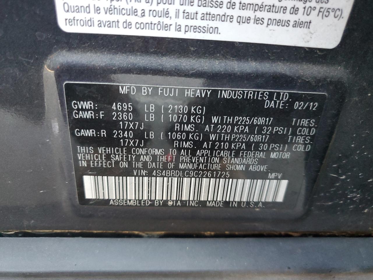 2012 Subaru Outback 3.6R Limited VIN: 4S4BRDLC9C2261725 Lot: 86275485