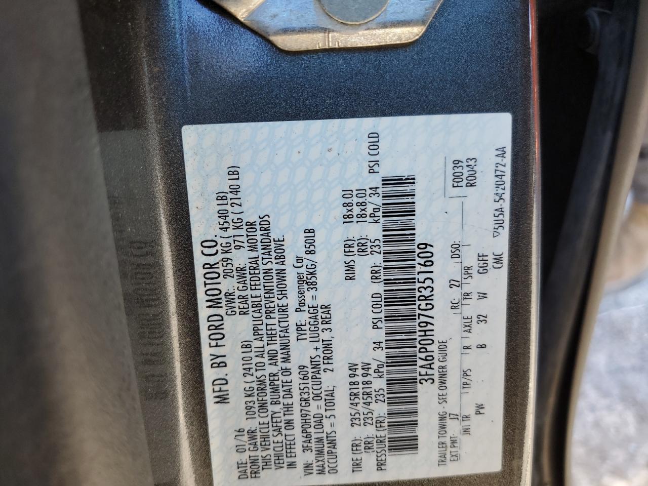 2016 Ford Fusion Se VIN: 3FA6P0H97GR351609 Lot: 82690245