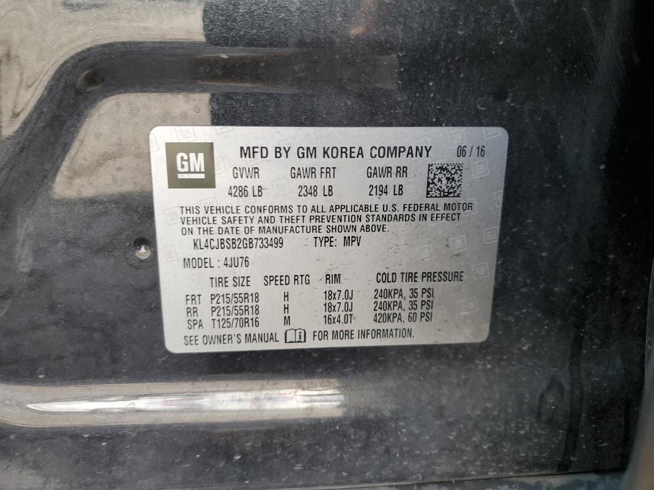 2016 Buick Encore Convenience VIN: KL4CJBSB2GB733499 Lot: 86246805