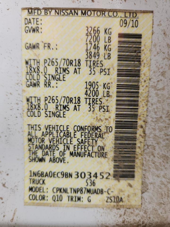 2011 Nissan Titan S VIN: 1N6BA0EC9BN303452 Lot: 82271025