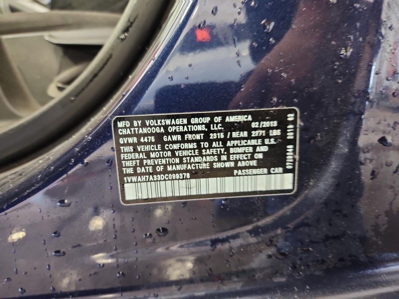 2013 Volkswagen Passat S VIN: 1VWAH7A33DC099378 Lot: 85500695