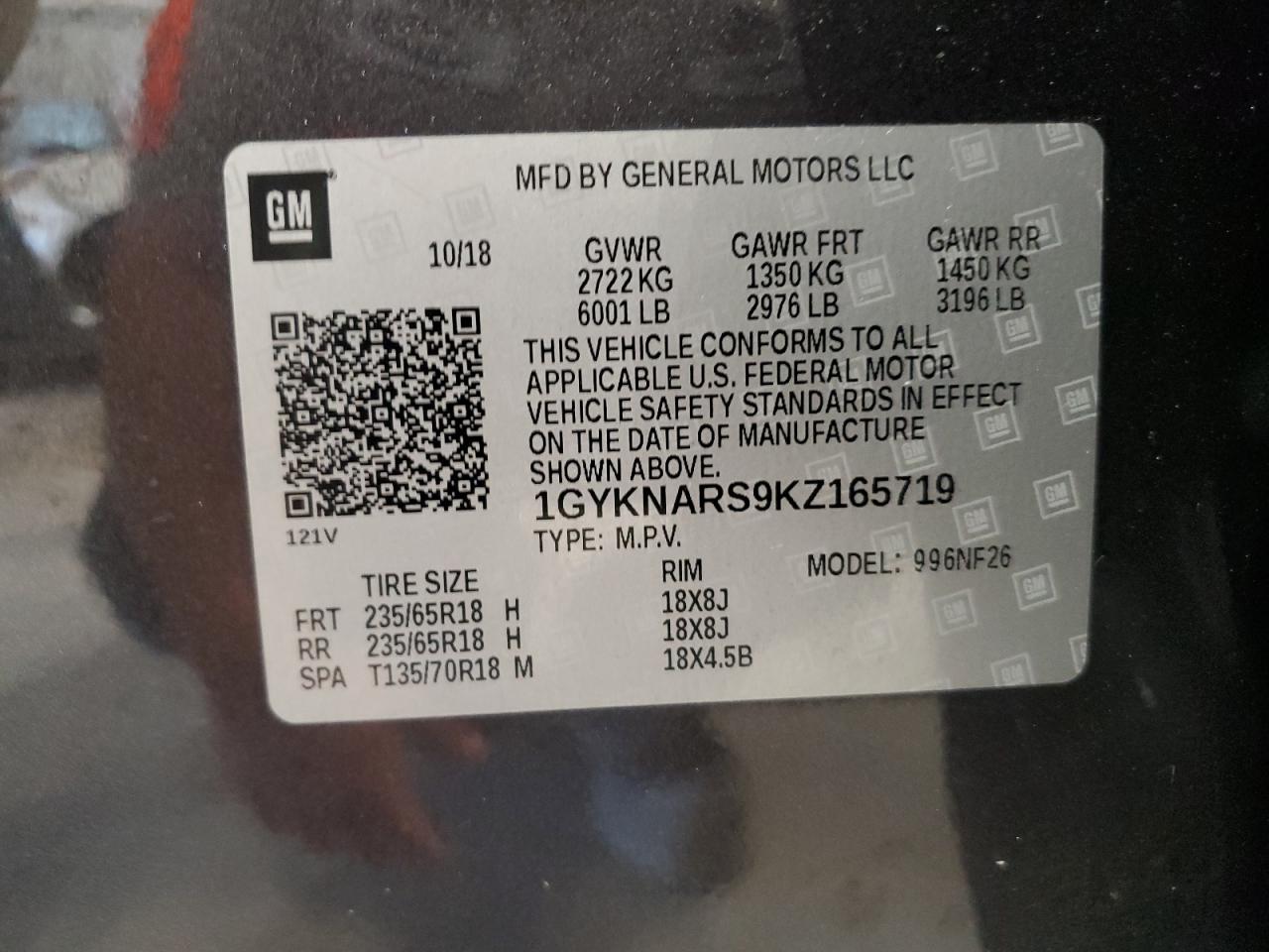 2019 Cadillac Xt5 VIN: 1GYKNARS9KZ165719 Lot: 86286275