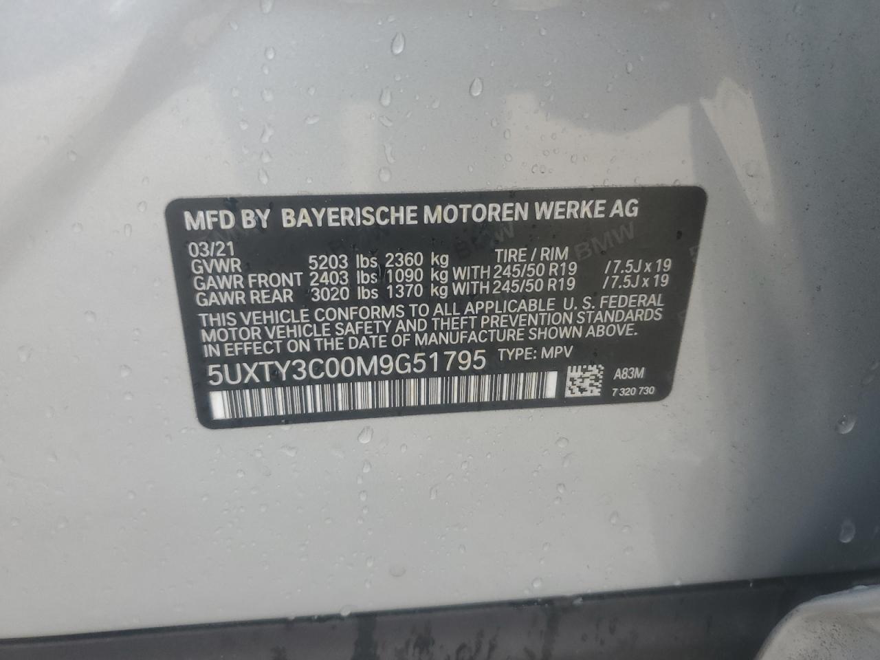 2021 BMW X3 Sdrive30I VIN: 5UXTY3C00M9G51795 Lot: 85102935