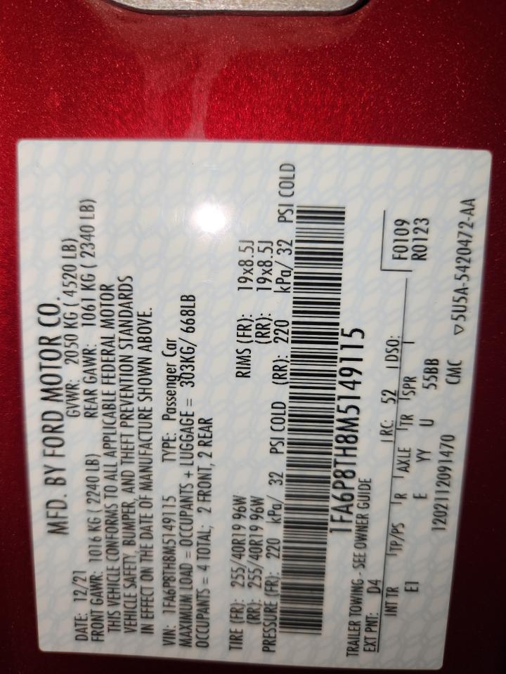 2021 Ford Mustang VIN: 1FA6P8TH8M5149115 Lot: 89448425
