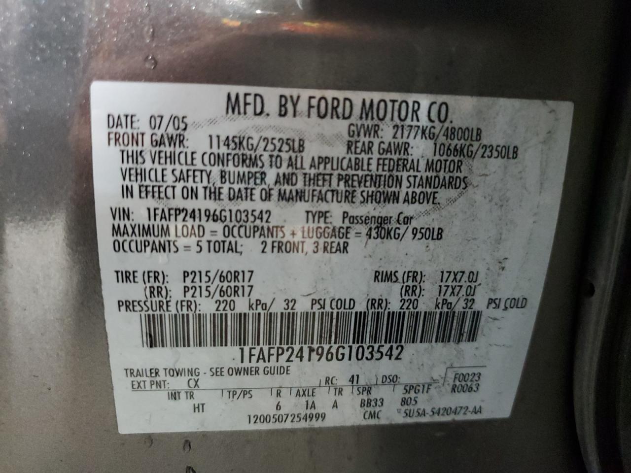 2006 Ford Five Hundred Sel VIN: 1FAFP24196G103542 Lot: 85276655