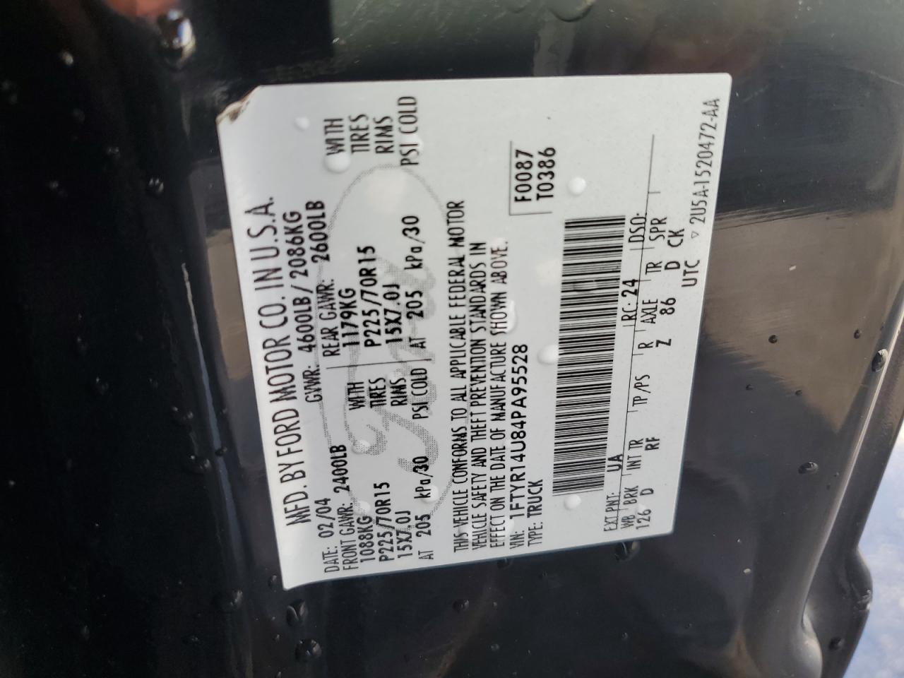 2004 Ford Ranger Super Cab VIN: 1FTYR14U84PA95528 Lot: 85533475