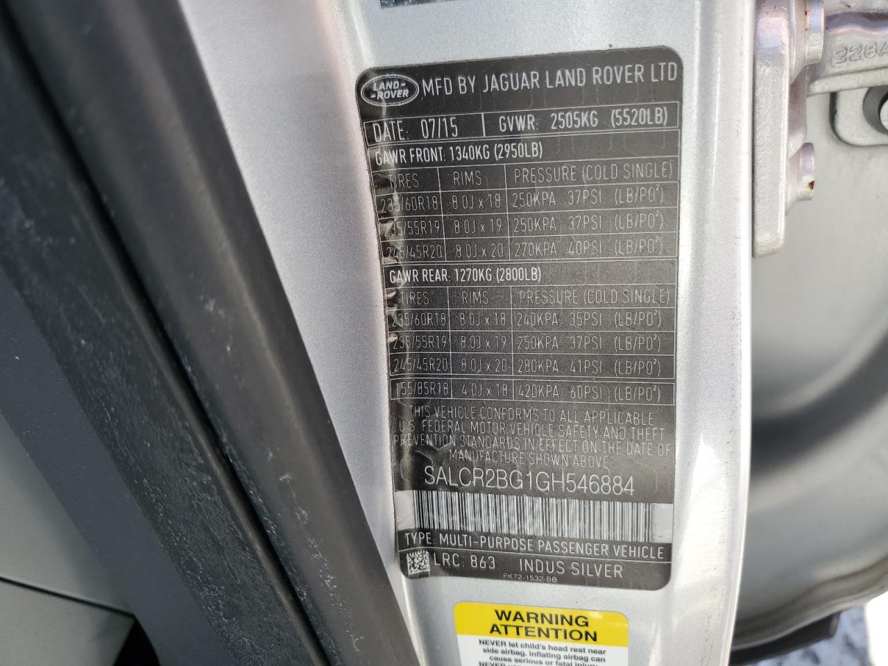 2016 Land Rover Discovery Sport Hse VIN: SALCR2BG1GH546884 Lot: 86695535