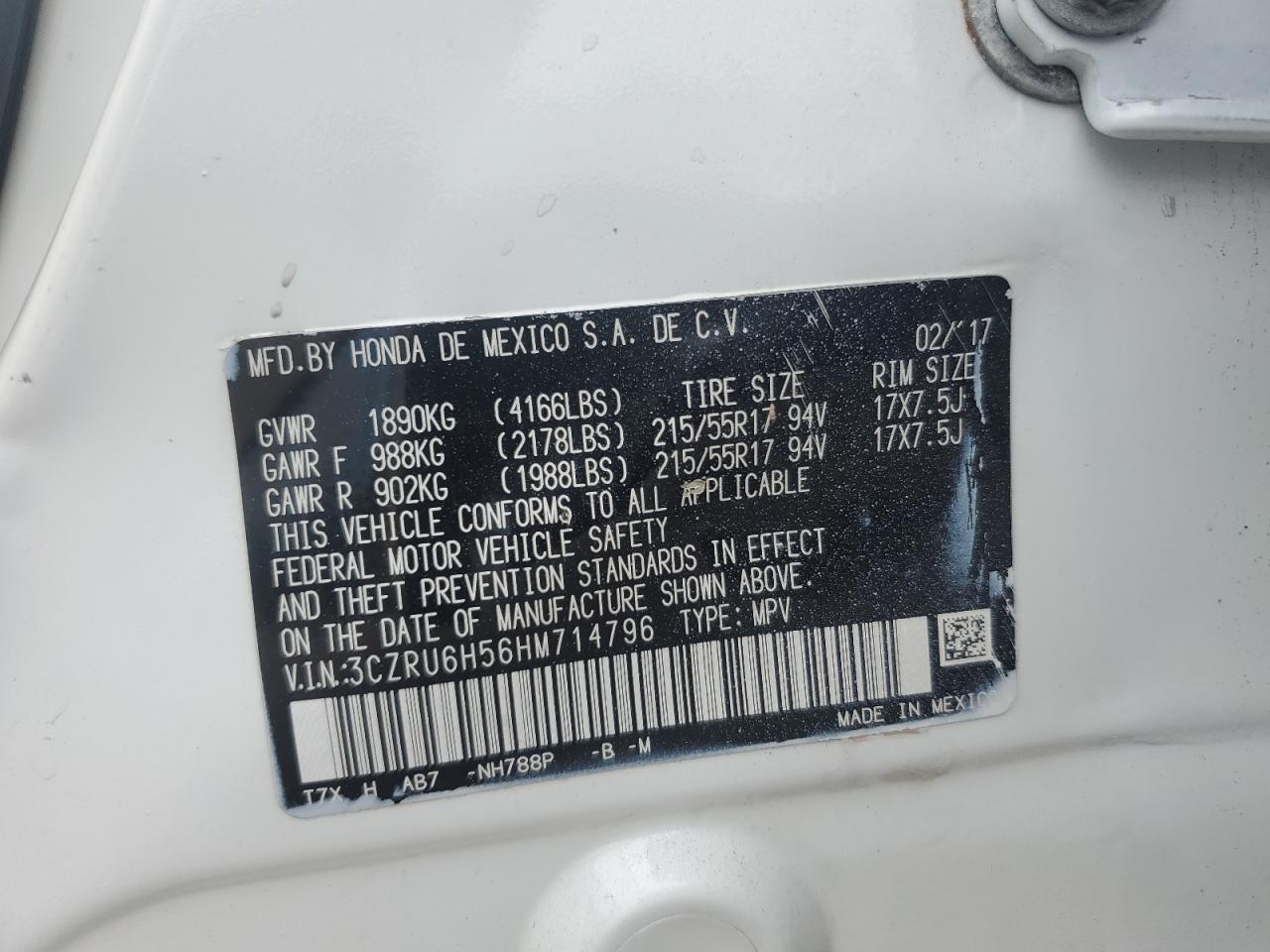 2017 Honda Hr-V Ex VIN: 3CZRU6H56HM714796 Lot: 82351845