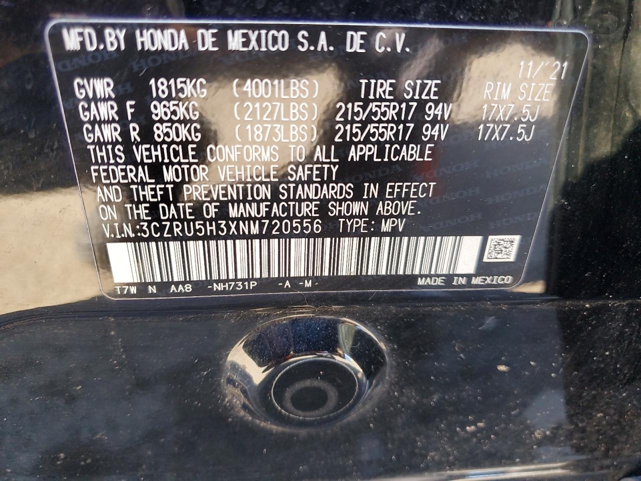 2022 Honda Hr-V Lx VIN: 3CZRU5H3XNM720556 Lot: 87008015