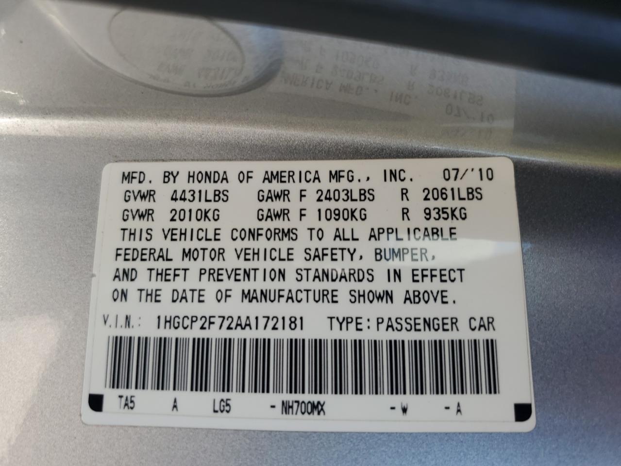 2010 Honda Accord Ex VIN: 1HGCP2F72AA172181 Lot: 82249335