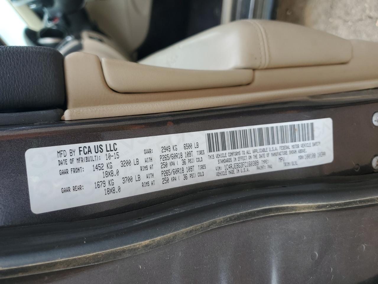 2015 Jeep Grand Cherokee Limited VIN: 1C4RJEBG3FC160389 Lot: 85086975