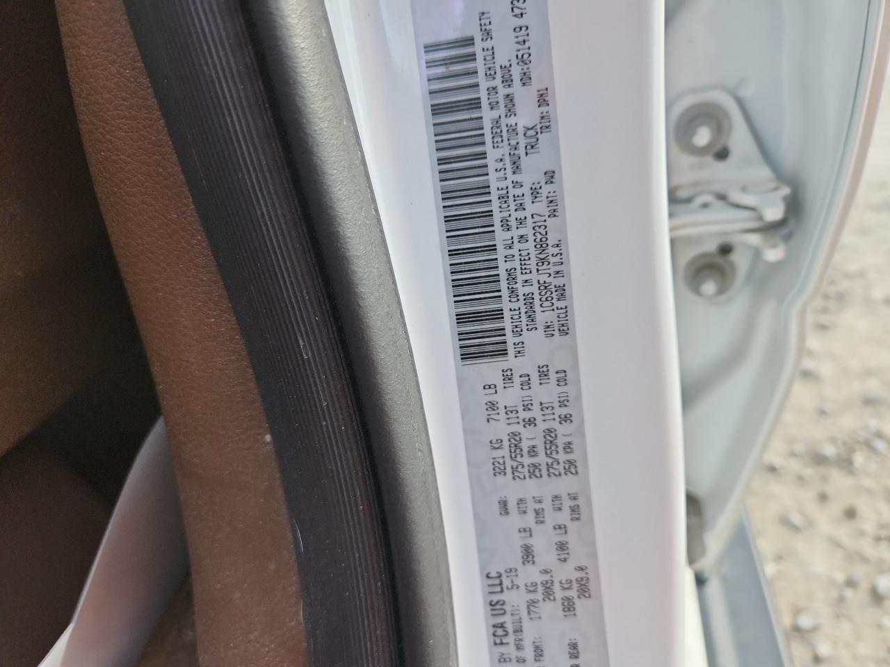 2019 Ram 1500 Laramie VIN: 1C6SRFJT9KN862317 Lot: 87094545