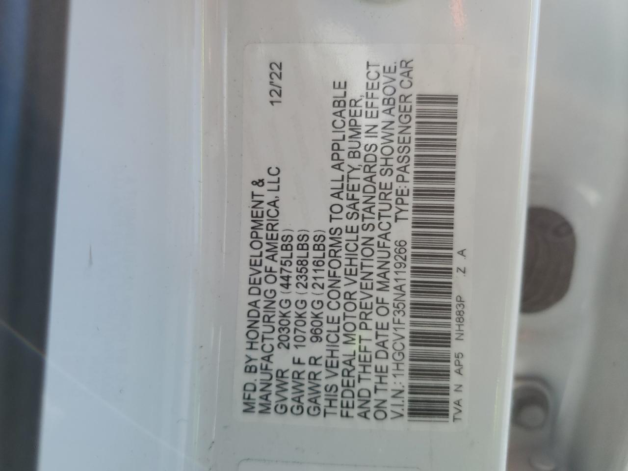 2022 Honda Accord Sport VIN: 1HGCV1F35NA119266 Lot: 86329575