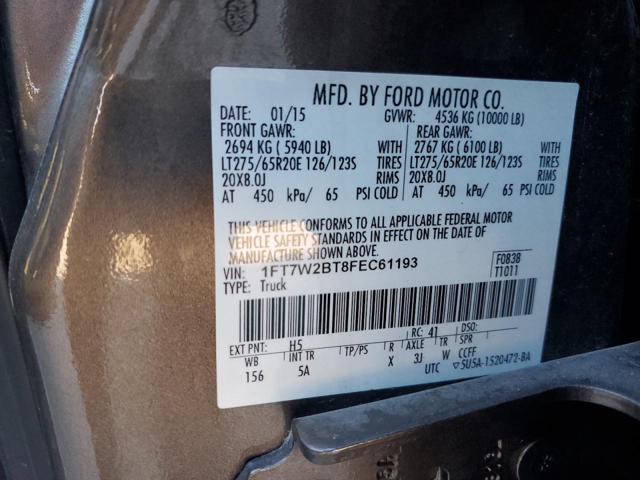 2015 Ford F250 Super Duty VIN: 1FT7W2BT8FEC61193 Lot: 85891545