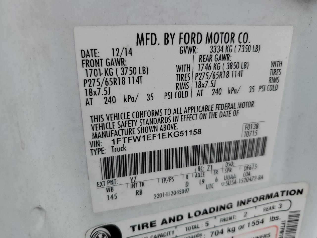 2014 Ford F150 Supercrew VIN: 1FTFW1EF1EKG51158 Lot: 85532985