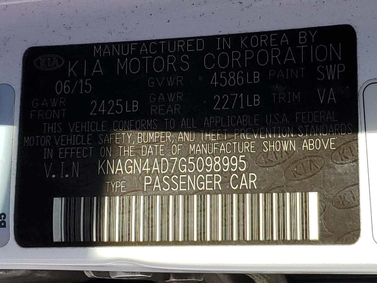 2016 Kia Optima Hybrid VIN: KNAGN4AD7G5098995 Lot: 84887825