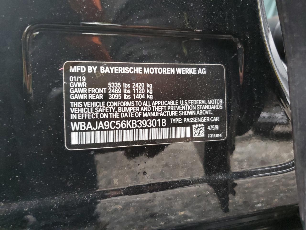 2019 BMW 530E VIN: WBAJA9C56KB393018 Lot: 84883285