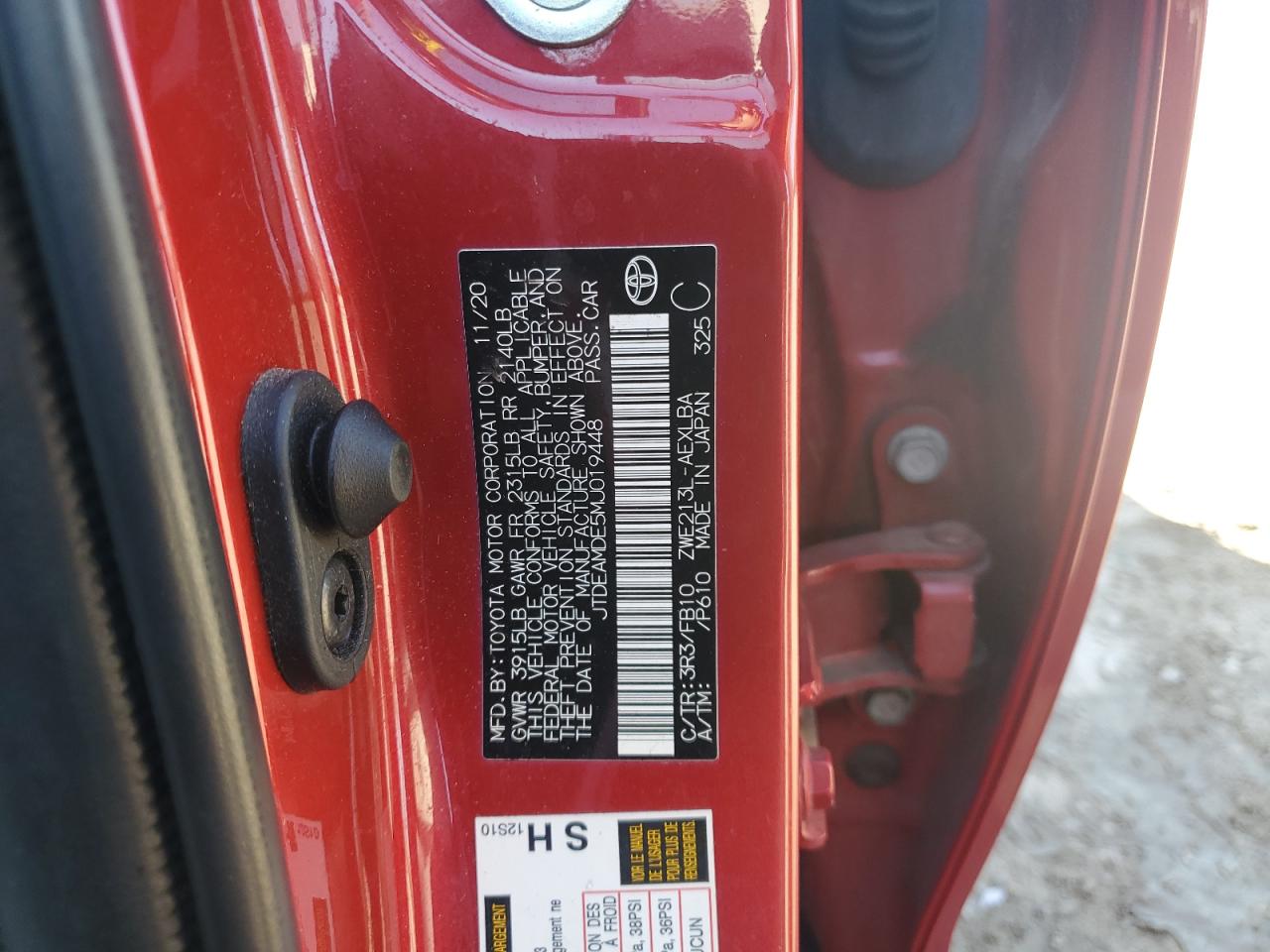 2021 Toyota Corolla Le VIN: JTDEAMDE5MJ019448 Lot: 85764245