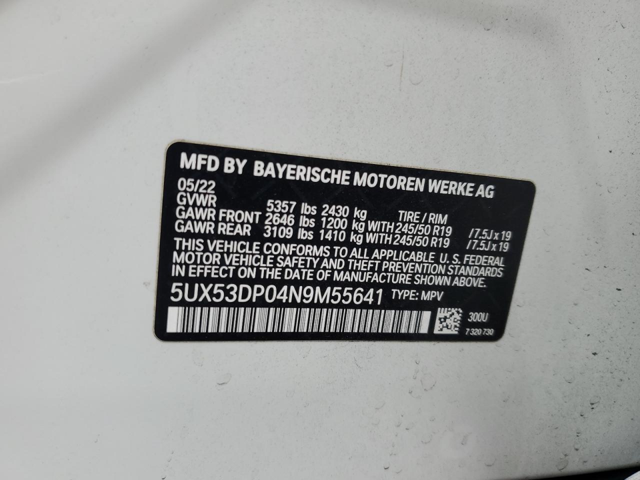 2022 BMW X3 xDrive30I VIN: 5UX53DP04N9M55641 Lot: 84420485