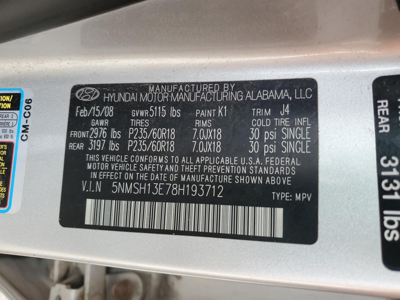 2008 Hyundai Santa Fe Se VIN: 5NMSH13E78H193712 Lot: 82413665