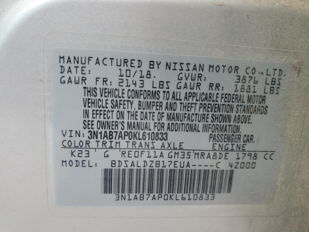 2019 Nissan Sentra S VIN: 3N1AB7AP0KL610833 Lot: 84657335