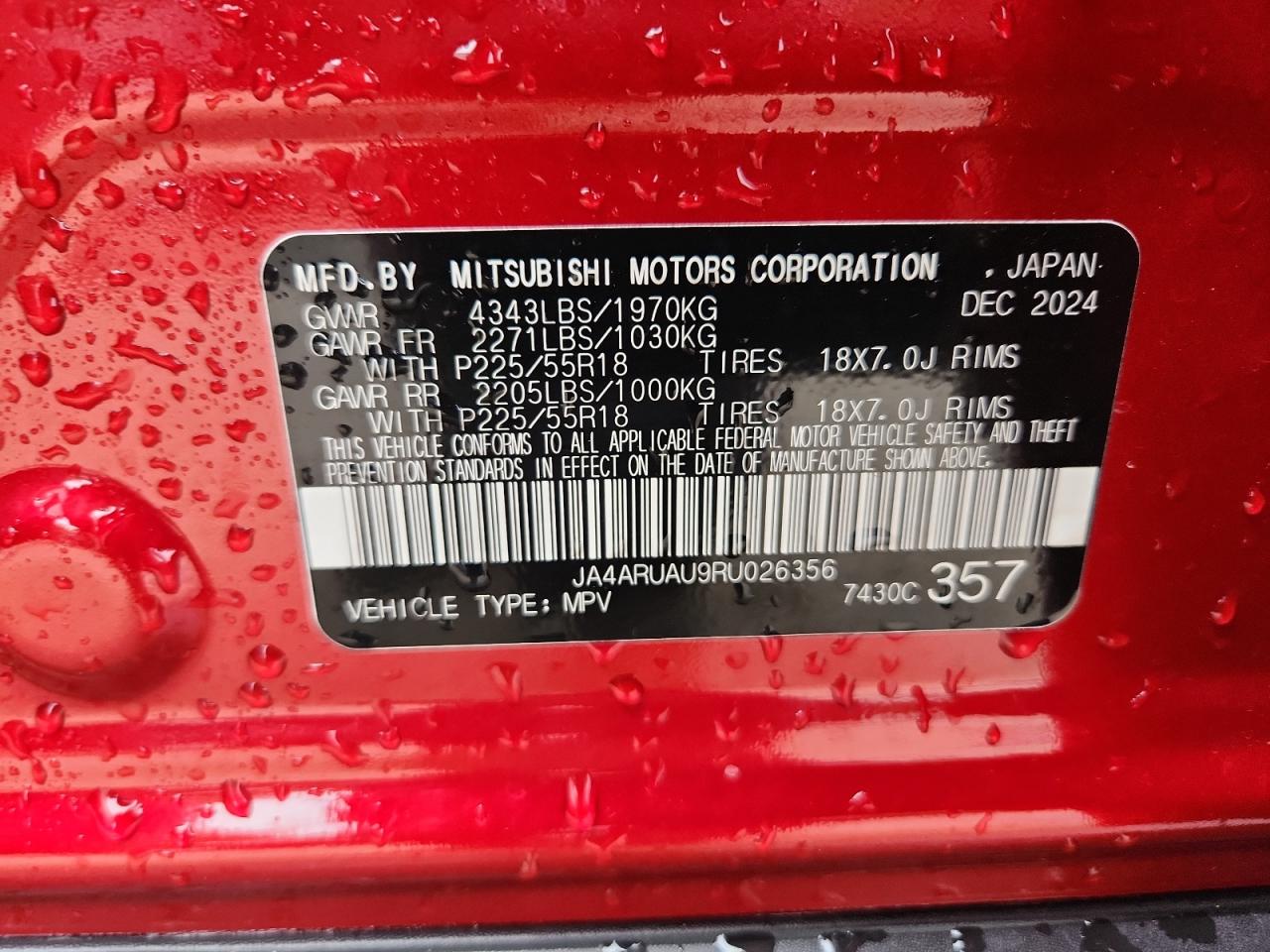 2024 Mitsubishi Outlander Sport S/Se VIN: JA4ARUAU9RU026356 Lot: 89876765