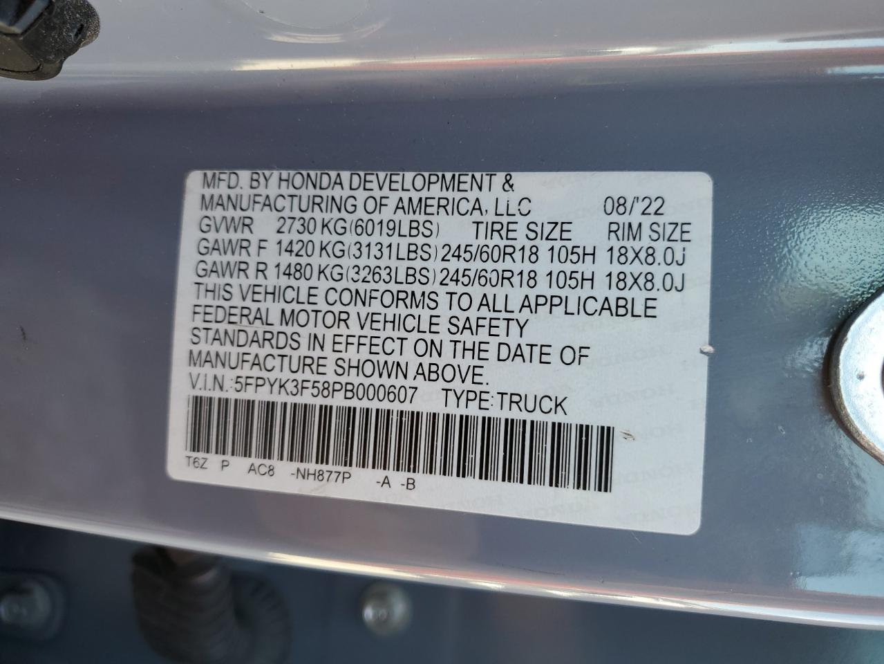 2023 Honda Ridgeline Rtl VIN: 5FPYK3F58PB000607 Lot: 86179775