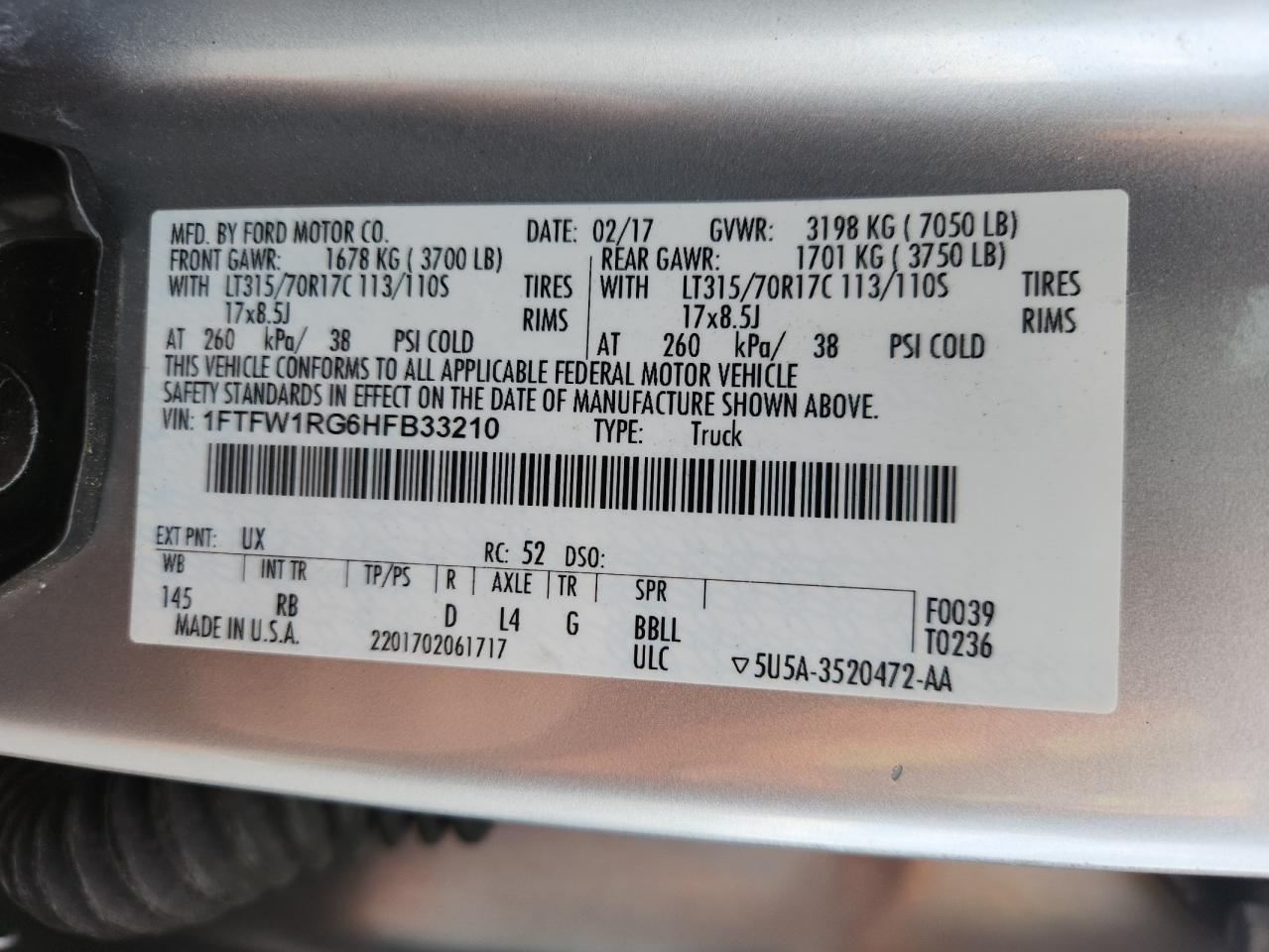 2017 Ford F150 Raptor VIN: 1FTFW1RG6HFB33210 Lot: 82737415