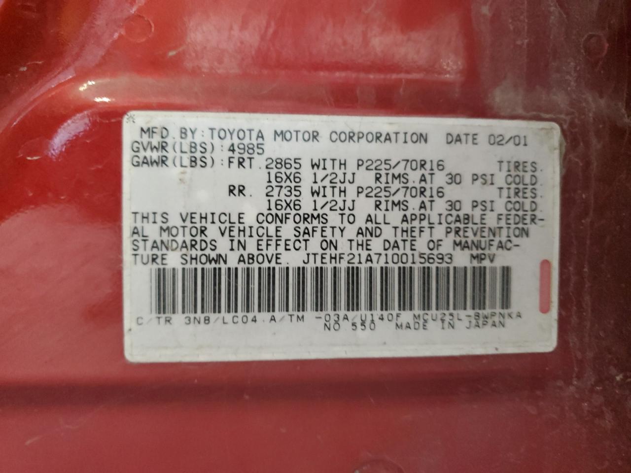 2001 Toyota Highlander VIN: JTEHF21A710015693 Lot: 85719485