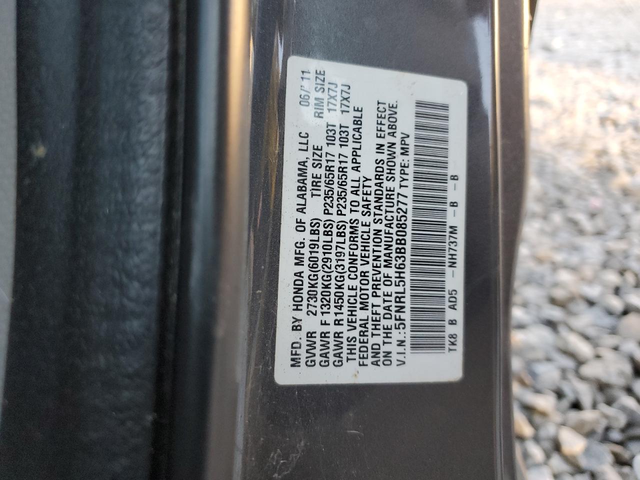 2011 Honda Odyssey Exl VIN: 5FNRL5H63BB085277 Lot: 87086465