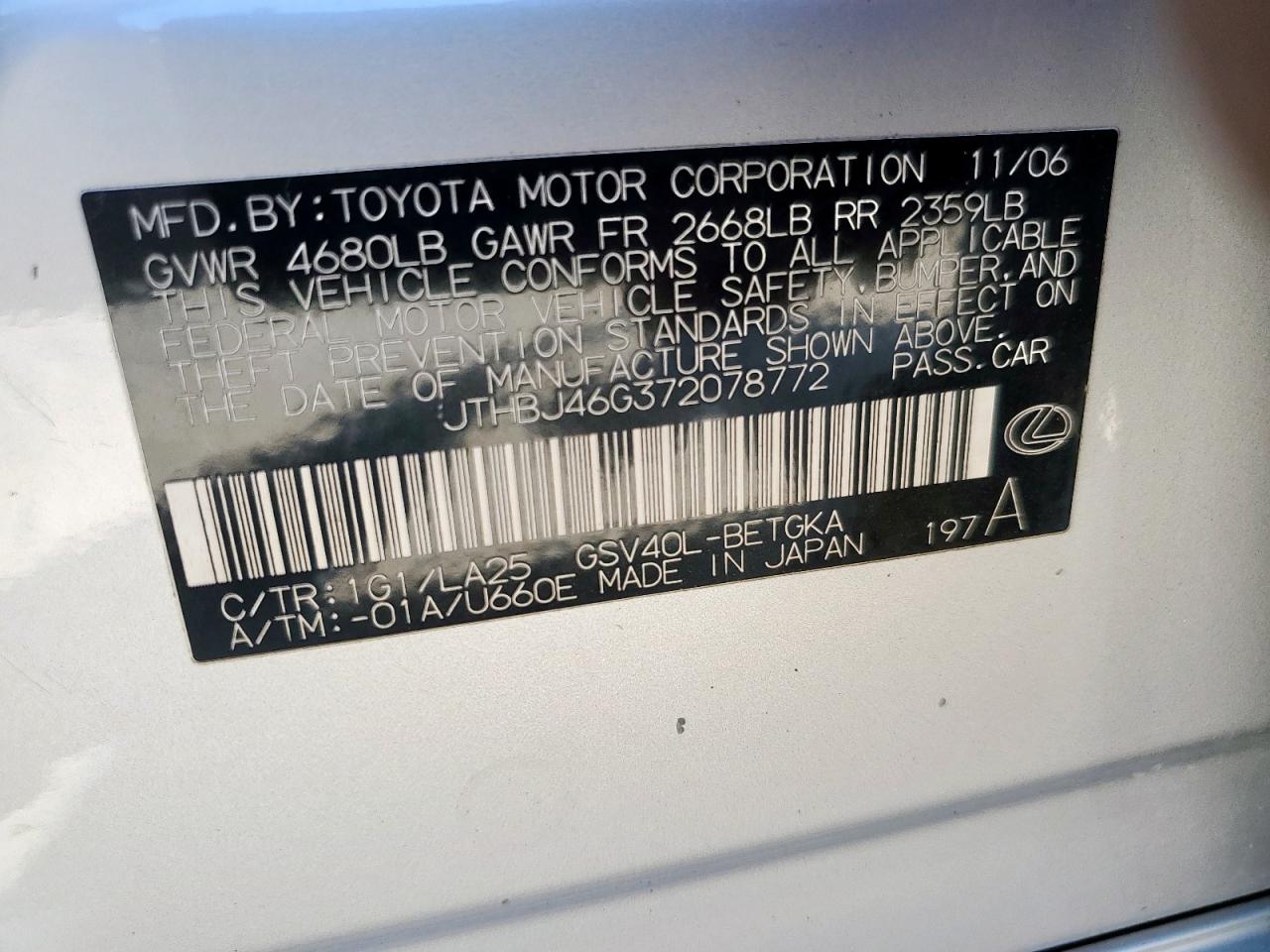 2007 Lexus Es 350 VIN: JTHBJ46G372078772 Lot: 85863545