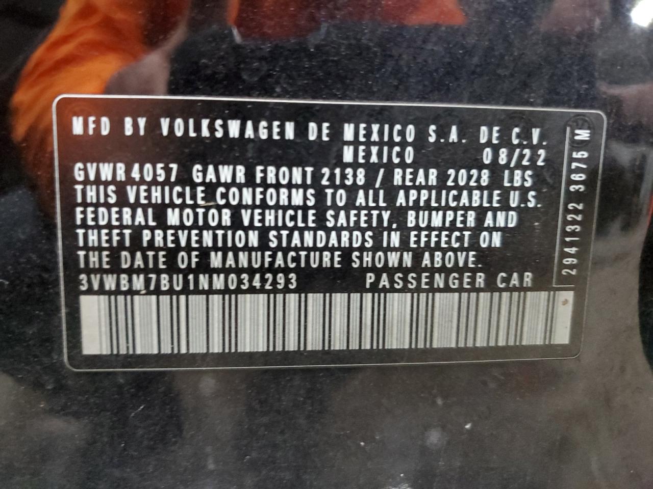 2022 Volkswagen Jetta Sport VIN: 3VWBM7BU1NM034293 Lot: 85387235