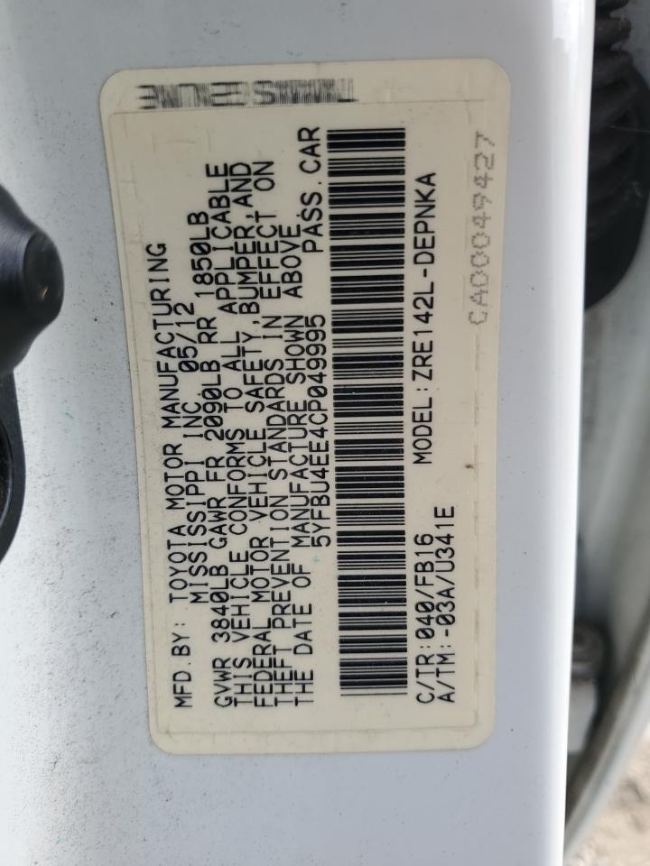 2012 Toyota Corolla Base VIN: 5YFBU4EE4CP049995 Lot: 82338265