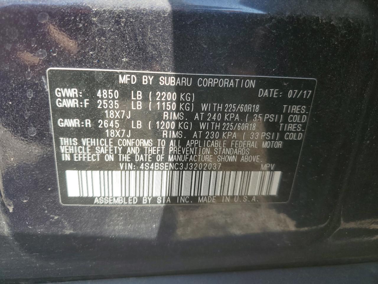 2018 Subaru Outback 3.6R Limited VIN: 4S4BSENC3J3202037 Lot: 89731635