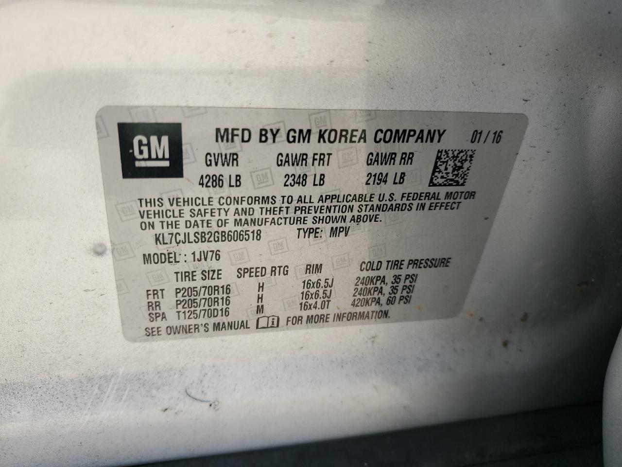 2016 Chevrolet Trax 1Lt VIN: KL7CJLSB2GB606518 Lot: 82549105