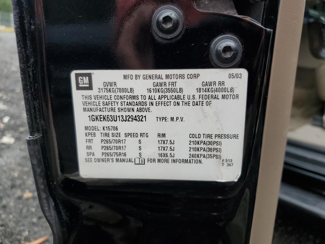 2003 GMC Yukon Denali VIN: 1GKEK63U13J294321 Lot: 86281435