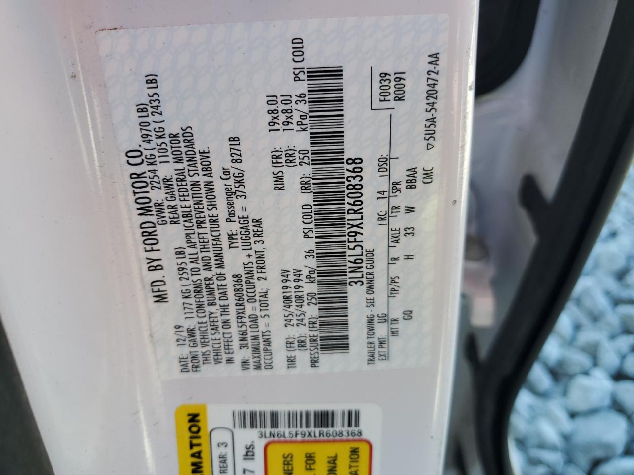 2020 Lincoln Mkz Reserve VIN: 3LN6L5F9XLR608368 Lot: 87197785