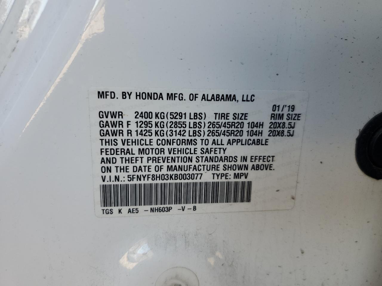 2019 Honda Passport Elite VIN: 5FNYF8H03KB003077 Lot: 87034305