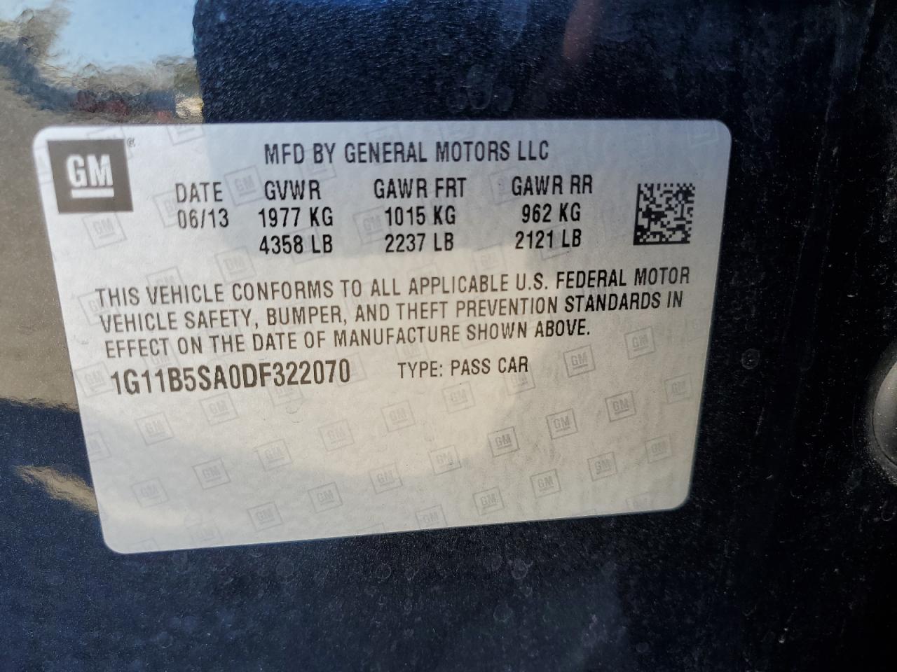 2013 Chevrolet Malibu Ls VIN: 1G11B5SA0DF322070 Lot: 87477065