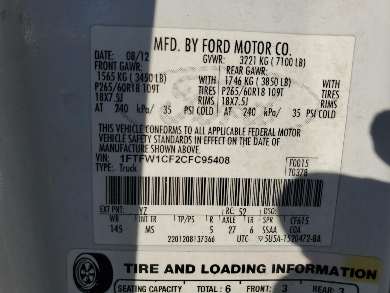 2012 Ford F150 Supercrew VIN: 1FTFW1CF2CFC95408 Lot: 82525965