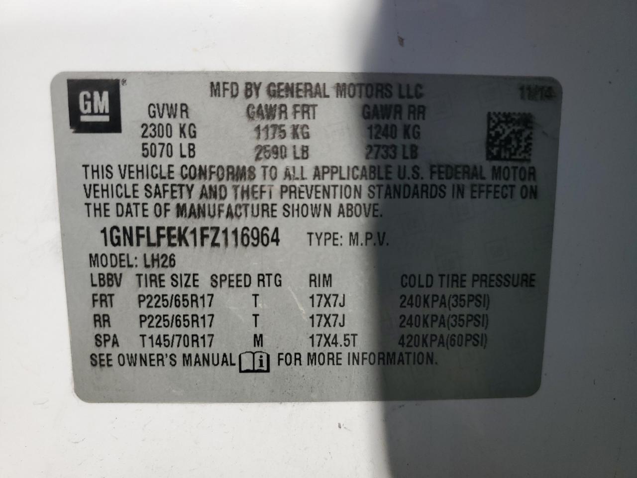 2015 Chevrolet Equinox Lt VIN: 1GNFLFEK1FZ116964 Lot: 86193235