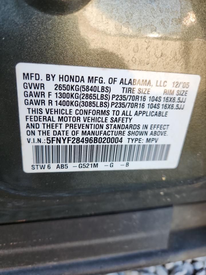 2006 Honda Pilot Ex VIN: 5FNYF28496B020004 Lot: 87430035