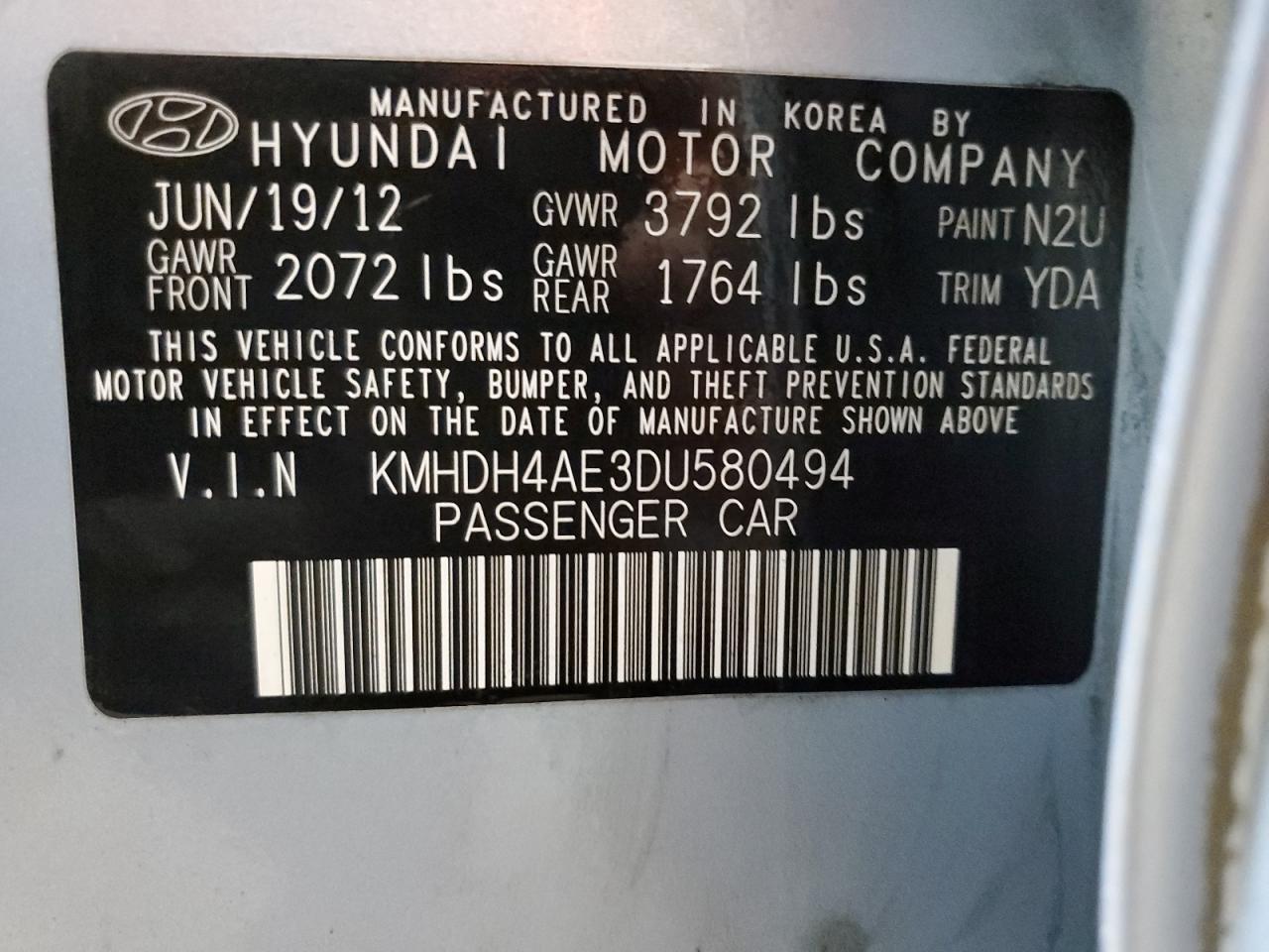 2013 Hyundai Elantra Gls VIN: KMHDH4AE3DU580494 Lot: 85562505