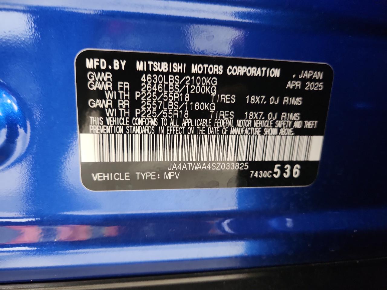2025 Mitsubishi Eclipse Cross Se VIN: JA4ATWAA4SZ033825 Lot: 87036965