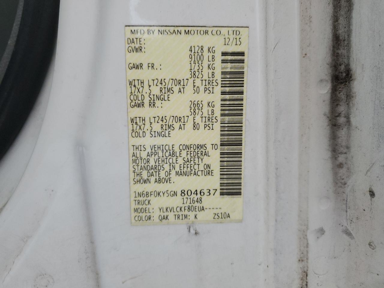 2016 Nissan Nv 1500 S VIN: 1N6BF0KY5GN804637 Lot: 86118675